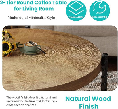 Round Coffee Table for Living Room, Small 2-Tier Circle Coffee Tables with Storage Shelf, Rustic Wood Desktop Modern Design Accent Center Table Home Furniture for Apartment, Brown and Black