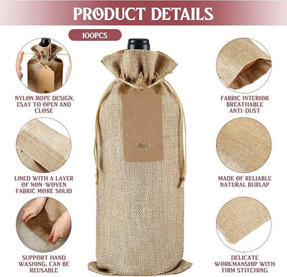 Windyun 100Pcs Burlap Wine Bags Drawstring Wine Bottle Gift Sacks with Tags 5.9 x 13.8 Inch Jute Burlap Plain Wine Bags for Wedding Birthday Blind Tastings Christmas Travel Party (Natural Color)