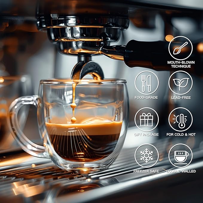 6 Ounces Set of 4 Double Walled Glass Coffee Mugs with Handle Insulated Layer Coffee Cups Borosilicate Glass Espresso Double Insulated Clear Glass Coffee Mug for Hot Beverages