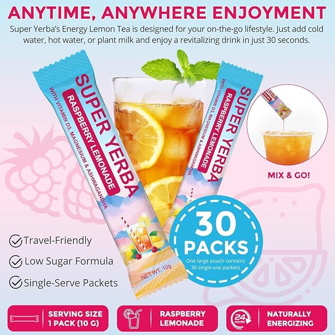 Super Yerba, Yerba Mate Instant Tea Powder, Natural Raspberry Lemonade Flavor, Energy Boost & Focus and Gut Health Support 30 Servings