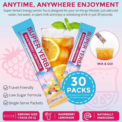 Super Yerba, Yerba Mate Instant Tea Powder, Natural Raspberry Lemonade Flavor, Energy Boost & Focus and Gut Health Support 30 Servings