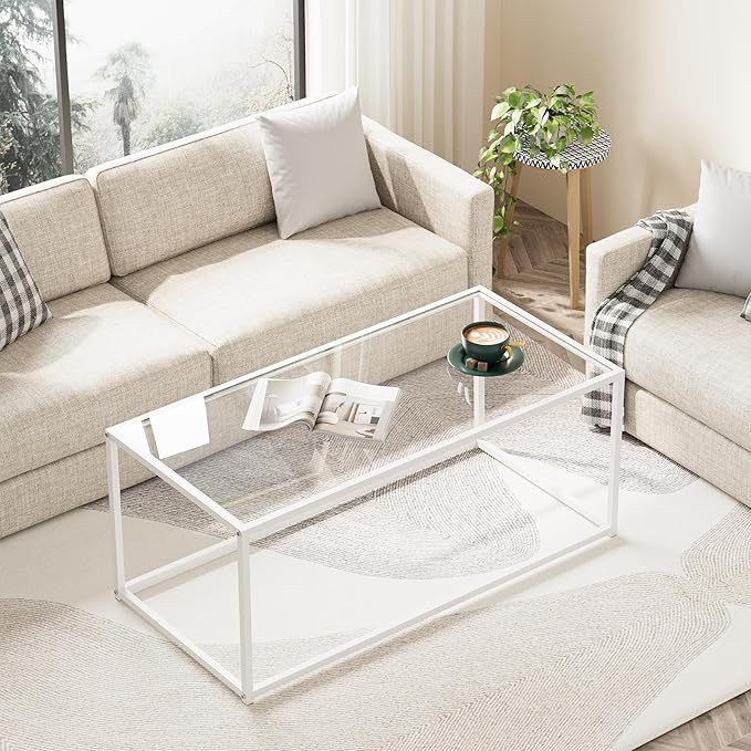 Coffee Table for Living Room, Glass Coffee Tables, Modern 39.4" Center Table for Small Space, Apartment, Office Living Room Home, Rectangular Coffee Table with Clear Glass Top & Metal Frame, White