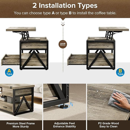 40" Lift Top Coffee Table,4 in 1 Multi-Function Lift Coffee Tables with Storage Drawers and Hidden Compartmen,Farmhouse Coffee Table with Lifting top for Living Room,Grey