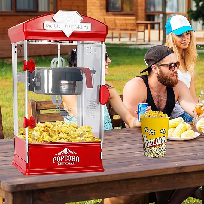 Popcorn Machine with Cart, Wheels & 10 Oz Kettle Popcorn Maker, Movie Theater Popcorn Maker Machine, Home Theater Popcorn Popper Measuring 3 Plastic Spoons