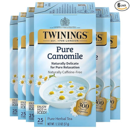 Twinings Pure Camomile Herbal Tea Individually Wrapped Bags, 25 Count (Pack of 6), Calming & Delicate, Naturally Caffeine-Free, Enjoy Hot or Iced, 150 Teabags