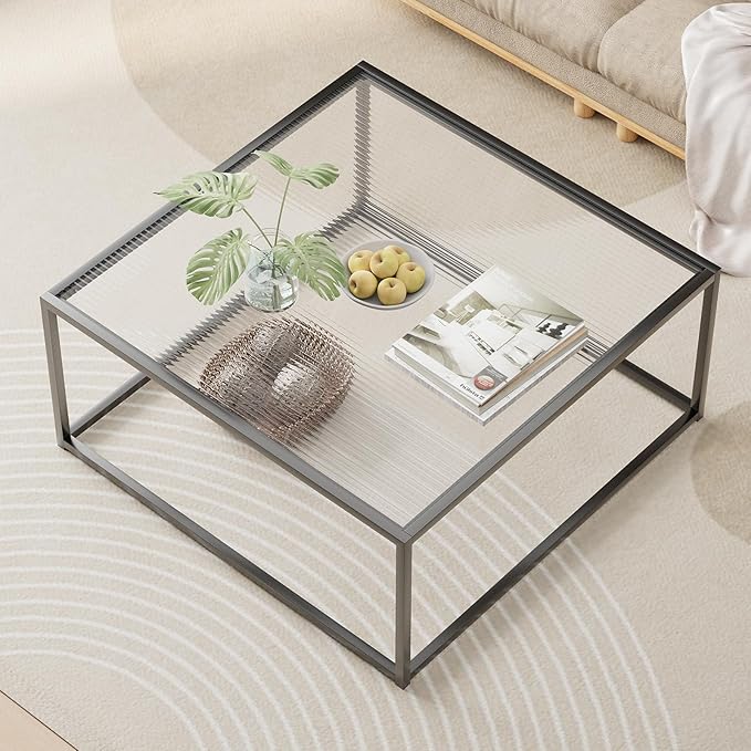 Glass Coffee Table Modern Center Table,Minimalist Coffee Table Sofa Side Tea Table for Living Room,Tempered Glass-top with Sturdy Metal Frame, Easy Assembly,26.4 x 26.4 x 15.7 Inches, Black