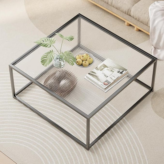 Glass Coffee Table Modern Center Table,Minimalist Coffee Table Sofa Side Tea Table for Living Room,Tempered Glass-top with Sturdy Metal Frame, Easy Assembly,26.4 x 26.4 x 15.7 Inches, Black