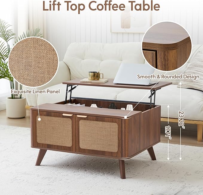 AVZEAR Lift Top Coffee Table with Storage, Mid Century Modern Coffee Table with Nature Linen Doors & Large Hidden Storage, Rounded Corners Center Table Farmhouse Coffee Tables for Living Room, Walnut