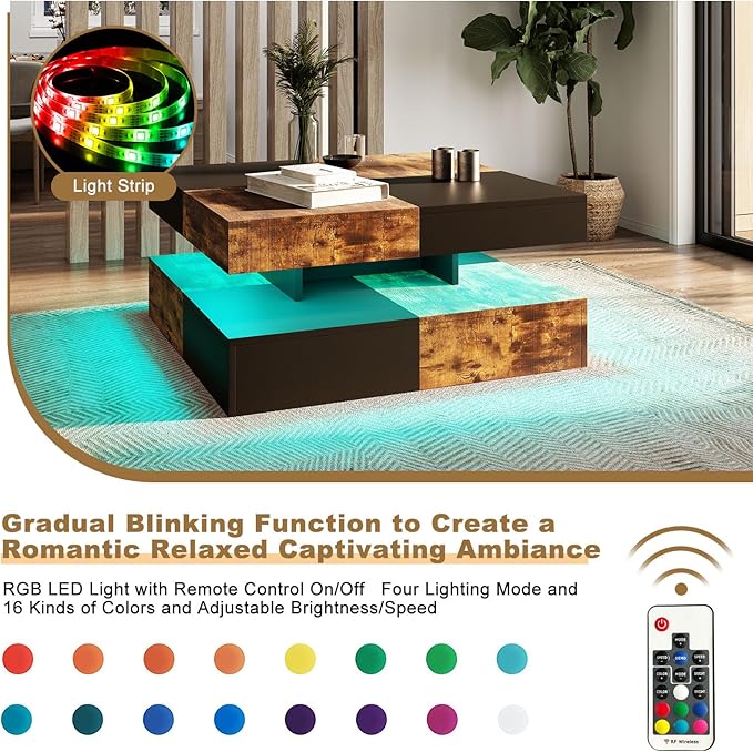 LED Coffee Table for Living Room, Living Room Table 2-Tier Square Middle Center, Modern Coffee Tables with Storage, Contemporary Wood Tea Table for Dining Reception, Rustic Brown