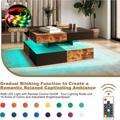 LED Coffee Table for Living Room, Living Room Table 2-Tier Square Middle Center, Modern Coffee Tables with Storage, Contemporary Wood Tea Table for Dining Reception, Rustic Brown