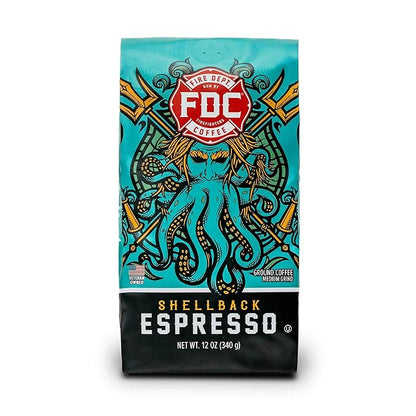 Fire Department Coffee - Gives Back to Firefighters - Bold & Smooth Shellback Espresso Ground Coffee - Roasted in the USA - Veteran Owned - 12 oz