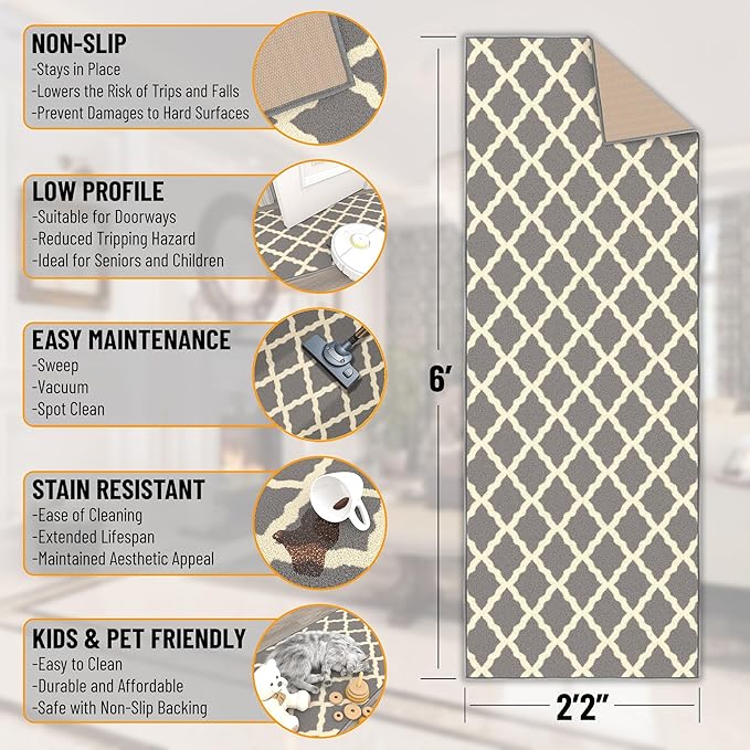 Ottomanson Hallway Runner Rug 2'2" x 6' Non Slip Trellis Area Rugs Easy to Clean Laundry Rug Runner Durable & Pet Friendly Floor Carpet Runners for Hallways Entryway Living Room Kitchen, Gray