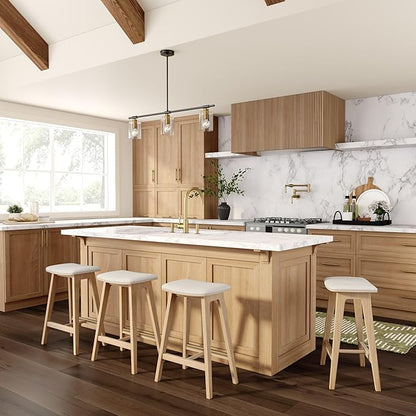 Plank+Beam Beryl Counter Height Stool - Mid-Century Modern Rubberwood Bar Stool with Faux Leather Seat, Metal Footrest, Easy Assembly, Blonde/Sesame