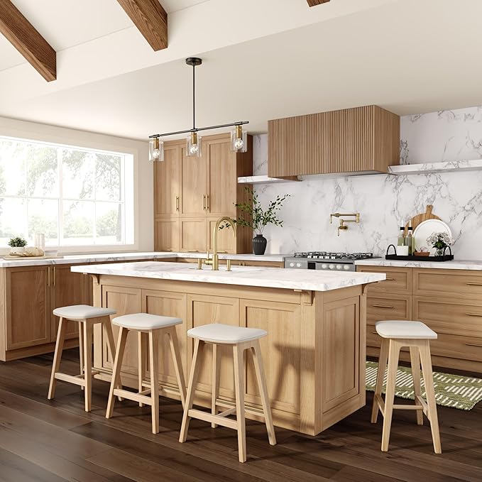 Plank+Beam Beryl Counter Height Stool - Mid-Century Modern Rubberwood Bar Stool with Faux Leather Seat, Metal Footrest, Easy Assembly, 2-Pack, Blonde/Sesame