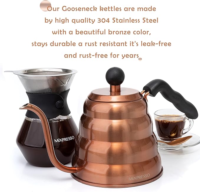 Mixpresso Gooseneck Pour Over Coffee Kettle, Barista Pour Control Design For Coffee & Tea High-Grade Stainless Steel 1.2 Liter (40 Oz) Drip Coffee Induction Cooker, Copper Stovetop Kettle