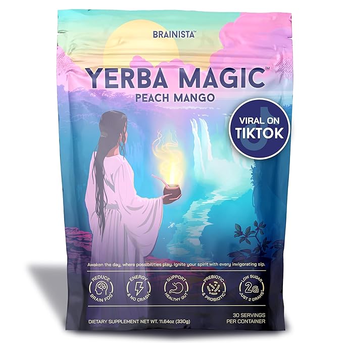 Yerba Mate Instant Tea Powder, 3-in-1 Super Drink - Clean Energy, Brain Fog Buster, and Gut Health Powered by Nootropics, Prebiotics and Probiotics | Yerba Magic Peach Mango 30 Servings