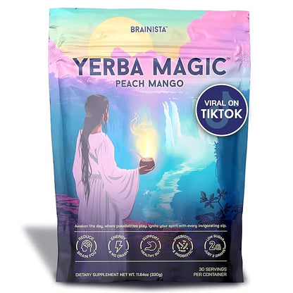 Yerba Mate Instant Tea Powder, 3-in-1 Super Drink - Clean Energy, Brain Fog Buster, and Gut Health Powered by Nootropics, Prebiotics and Probiotics | Yerba Magic Peach Mango 30 Servings
