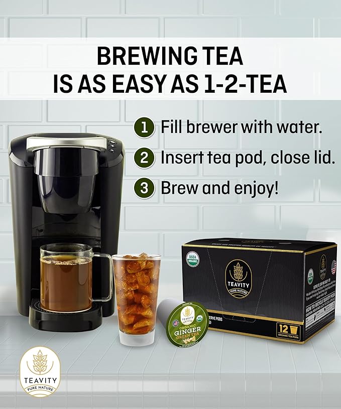 Green Tea & Ginger Tea Pods for Keurig - Caffeinated, Organic, Dye Free, Unsweetened, Herbal Blend for K Cup Machines - Hot or Iced (24 Tea Pods)