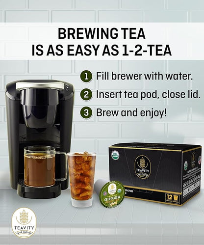Green Tea & Ginger Tea Pods for Keurig - Caffeinated, Organic, Dye Free, Unsweetened, Herbal Blend for K Cup Machines - Hot or Iced (24 Tea Pods)