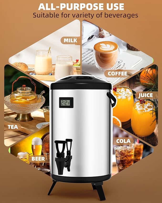 Insulated Beverage Dispenser 3 Gallon, Hot Water Dispenser with Stainless Steel Interior, Large Carafe Hot Coffee Dispenser for Parties, Catering, Drink Dispenser for Tea Milk, Silver, Non-electric