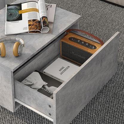 Grey Led Coffee Table for Living Room, Rectangular Living Room Table with Storage, Acrylic Coffee Tables with 2 Sliding Drawers, Wood Center Table for Reception Dinning Room