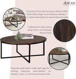 Load image into Gallery viewer, Alaterre Furniture Arcadia 42-Inch Round Acacia Wood Coffee Table – Industrial Living Room Table with Antiqued Mocha Finish and Metal Sled Legs – Ideal Centerpiece for Sectionals and Sofas