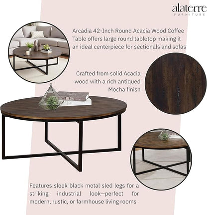 Alaterre Furniture Arcadia 42-Inch Round Acacia Wood Coffee Table – Industrial Living Room Table with Antiqued Mocha Finish and Metal Sled Legs – Ideal Centerpiece for Sectionals and Sofas