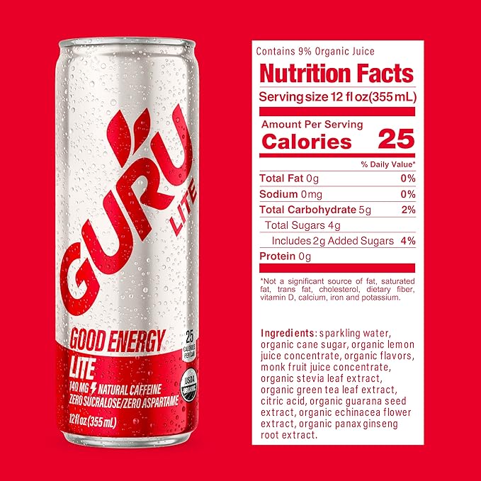 GURU Organic Energy Drinks Variety Pack, Clean Energy Drink with Plant Based Natural Caffeine from Green Tea, Gluten Free and Vegan, 140MG Caffeine, Healthy Drinks, 12 oz (Pack of 12)