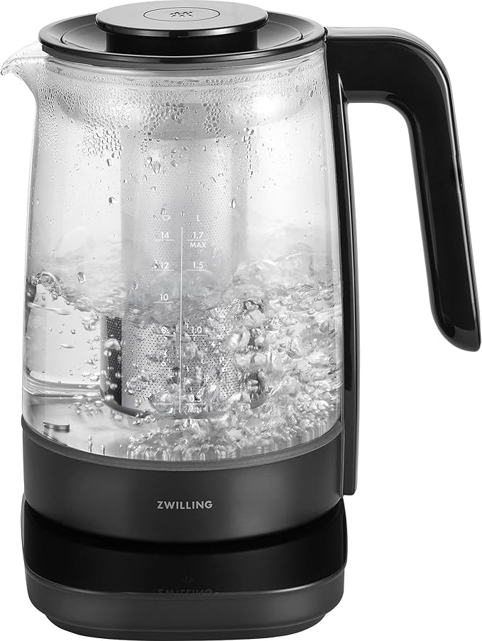 ZWILLING Enfinigy Glass Kettle 1.7L, Tea Kettle, 6 Preset Temps for the Perfect Cup, Tea Timer, Black