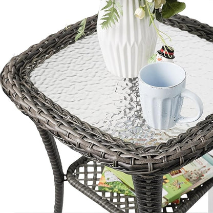 Outdoor Wicker Side Table,Double Rectangular Wicker Patio Table with Storage,All Weather Resin Rattan Patio Glass Coffee Desk for Garden,Backyard,Pool Indoor Companion
