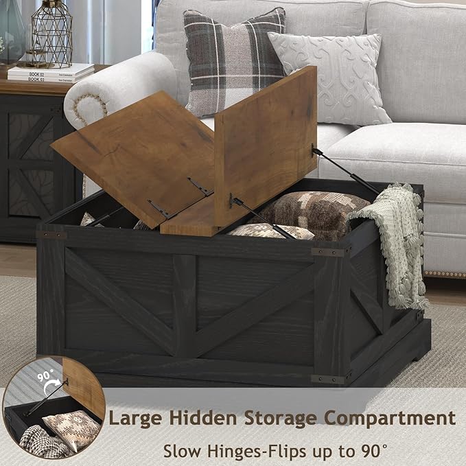 Farmhouse Coffee Table with Hidden Storage Compartment, Black Square Coffee Table for Living Room, Wood Center Table with Hinged Lifting Tabletop for Home