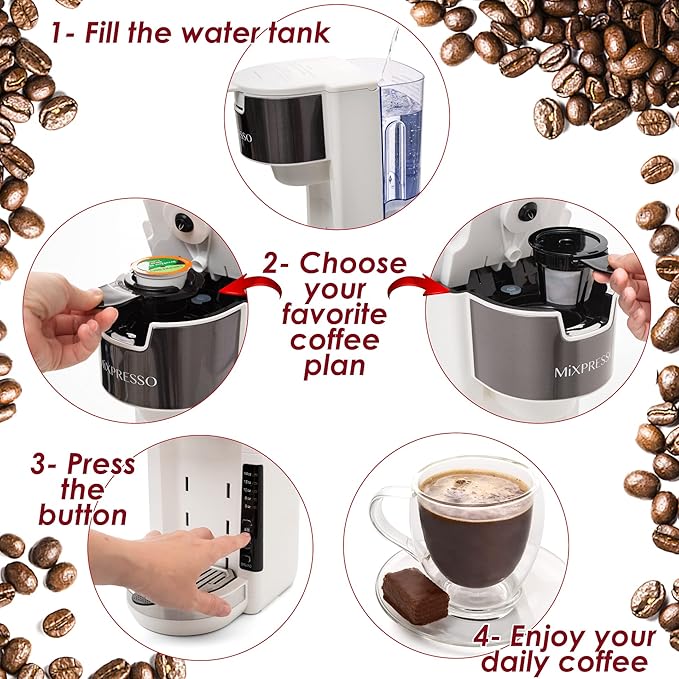 Mixpresso White Single Serve Coffee Brewer K-Cup Pods Compatible & Ground, 30 oz Compact Coffee Maker Single Serve With 5 Brew Sizes Up To 14 Oz, Fits Travel Mug, Adjustable Drip Tray