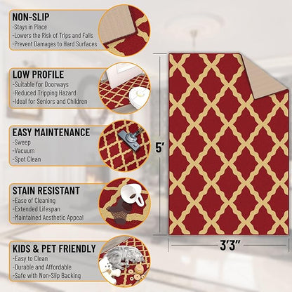 Ottomanson 3'3" x 5' Rugs for Living Room Trellis Area Rug for Bedroom - Non Slip Durable Large Floor Carpet for High Traffic Areas - Indoor Rug for Dining Room Kitchen Kids Playroom, Red