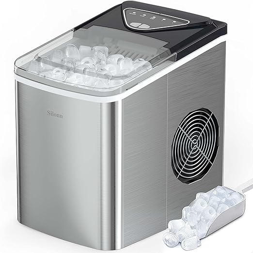 Silonn Ice Makers Countertop, 9 Cubes Ready in 6 Mins, 26lbs in 24Hrs, Self-Cleaning Ice Machine with Ice Scoop and Basket, 2 Sizes of Bullet Ice for Home Kitchen Office Bar Party