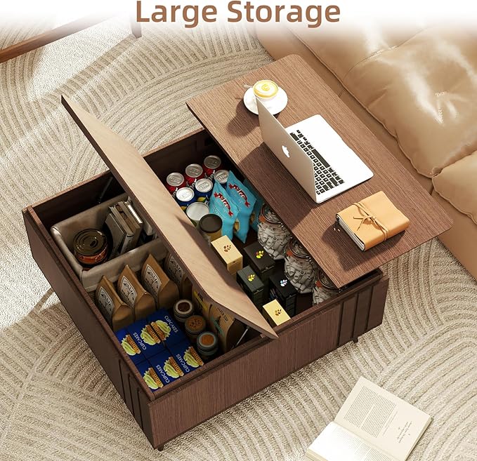 36.2" Lift Top Coffee Table with Storage, Large Square Coffee Tables with Hidden Compartment, Mid Century Modern Center Table for Home Office,Living Room,Dark Walnut