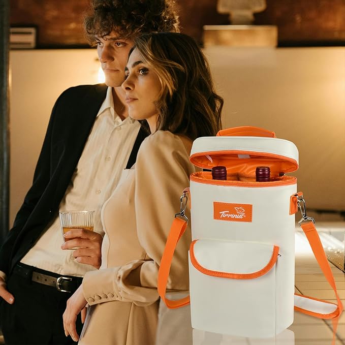 Tirrinia 2 Bottle Wine Gift Tote Carrier - Leakproof & Insulated with large pockets Wine Cooler Bag for Travel, Wine Tasting, Party, Dinner, Great Gift for Wine Lover,White Orange