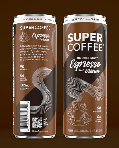 SUPER COFFEE Espresso, Iced Keto Coffee (0g Added Sugar, 90 Calories) [Espresso & Cream] 11 Fl Oz, 12 Pack | Iced Smart Coffee - SoyFree GlutenFree
