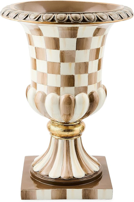 MACKENZIE-CHILDS Tabletop Urn, Decorative Centerpiece for Table, Brown-and-White Mocha Check Pedestal