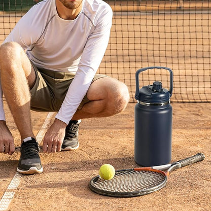 1 Gallon Thermosflask with Straw, 135oz Stainless Steel Insulated Water Bottle，4L Oversized Double Wall Vacuum Jug with Handle for Hot Cold Drinks, Wide mouth Icebuckets for Hiking Sports(Blue)