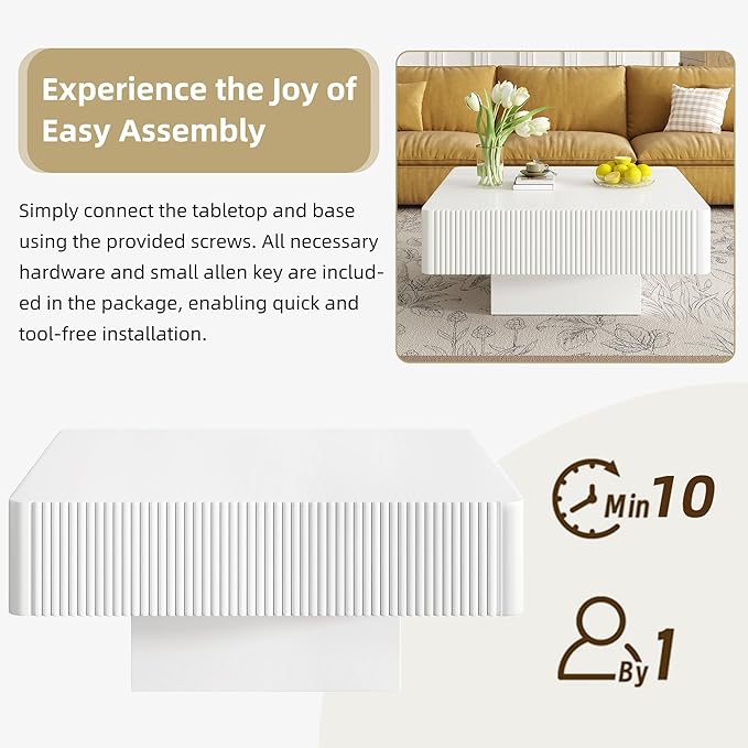 Square Coffee Table for Living Room, Accent Fluted Coffee Table with Storage, Modern Solid Wood Veneered Large Center Tea Table for Small Space Apartment (31.6''D×14''H-White)