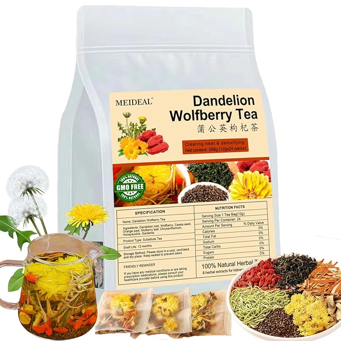 Dandelion Wolfberry Tea, 24 Pcs Organic Dandelion Tea for Kidneys & Liver Health, Eight Natural Chinese Herbal Ingredients Blend with Chrysanthemum, Wolfberry, Cassia Seed (288g (12gx24 packs)