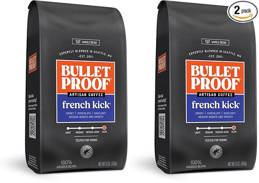 Bulletproof French Kick Dark Roast Whole Bean Coffee, 12 Ounces, Clean Coffee Tested for Toxins, Packaging May Vary (Pack of 2)