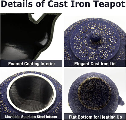 33.8oz Small Cast Iron Tea Kettle for Stovetop, Japanese Tetsubin Tea Pot Coated with Enameled Interior, Durable Cast Iron Teapot with Stainless Steel Infuser for Loose Tea and Tea Bags(1000ml)