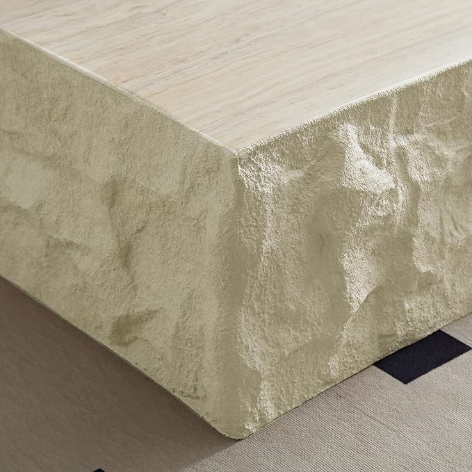 Faux Rock Coffee Table,Drum Coffee Table Fiberglass Square Tea Table for Living Room, Accent Imitation Stone Central Table No Need Assembly, Beige White