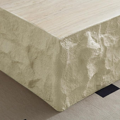 Faux Rock Coffee Table,Drum Coffee Table Fiberglass Square Tea Table for Living Room, Accent Imitation Stone Central Table No Need Assembly, Beige White