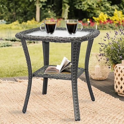 Wicker Side Table Outdoor, Patio Rattan Side Table with Glass Top and Storage Shelf, 23’’Tall Wicker Coffee Table for Yard, Deck, Garden