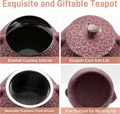 Cast Iron Teapot, 20.3oz Small, Enameled Interior, Stainless Steel Infuser for Loose Tea (Pink Gerbera Pattern)