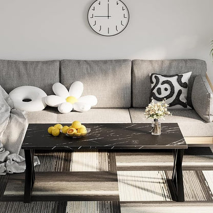 Coffee Table Living Room Table Black Center Table, Simple Modern Faux Marble Rectangular Tea Table with Sturdy Black-Finished Metal Frame,Industrial Wooden Coffee Table for Bedroom Home Office