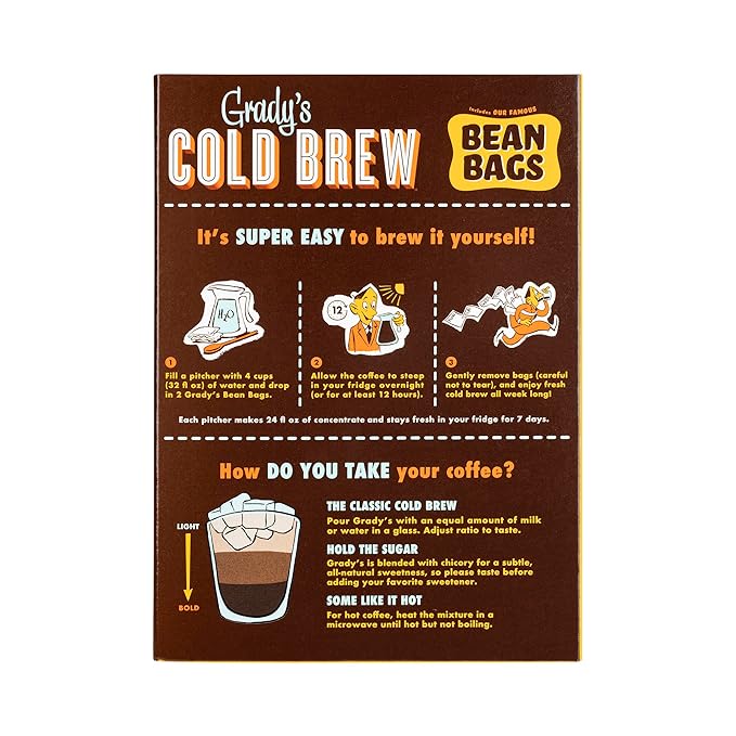 GRADY’S COLD BREW, New Orleans Style, 100% Arabica Ground Coffee & Chicory Pouches, One Box of Four Easy-to-Brew Bean Bags, Makes 12 drinks
