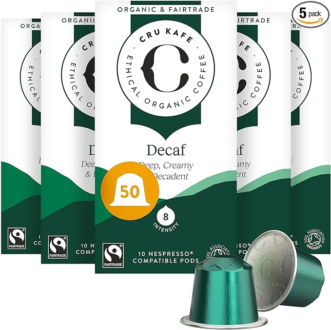 Cru Kafe Decaf USDA Organic Espresso Coffee Capsules (50 Pods) Fairtrade Coffee Pods Compatible with Nespresso Original Line and Pixie Machines